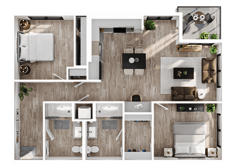 a 3d floor plan of a bedroom with a bathroom and a living room